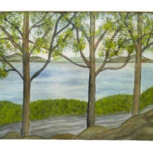 Painting Watercolor Park Trees Lake Landscape 11x14 and Mat 16x20 Original Art